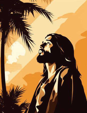 jesus looking up at the sky with palm trees in the backgroundの素材