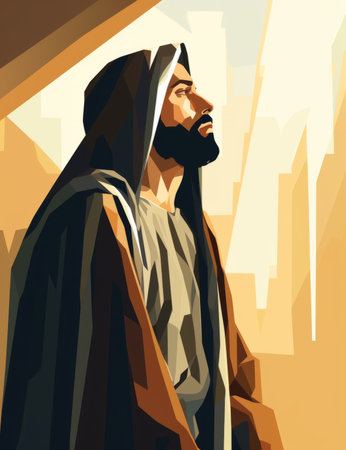 jesus looking up at the sun from a windowの素材