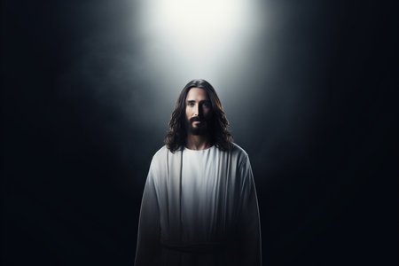 jesus standing in a dark room with light coming from behind himの素材