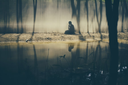 silhouette of a man sitting on the edge of a pond in the woodsの素材