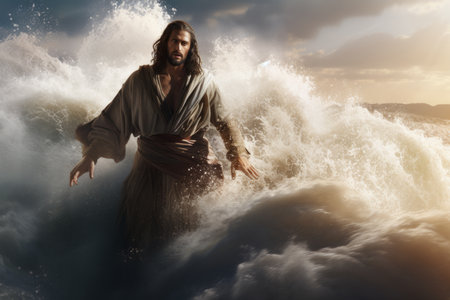 jesus standing on the waves of the oceanの素材