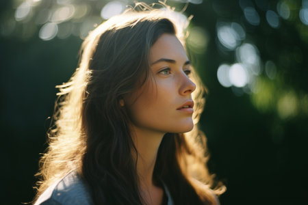 portrait of a beautiful young woman outdoors in the sunlightの素材