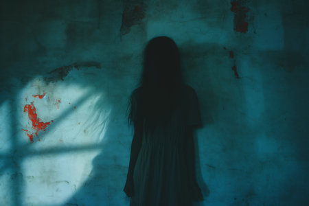 silhouette of a woman standing in front of a wallの素材