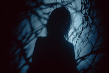 silhouette of a woman in the dark with red eyesの素材
