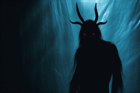 silhouette of a man with horns and horns in the darkの素材