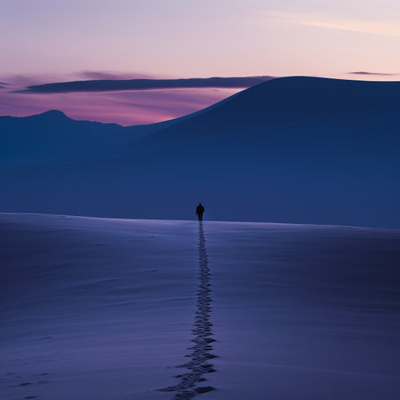 silhouette of a person walking across a snowy field at sunsetの素材
