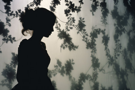 silhouette of a woman standing in front of a wall of leavesの素材