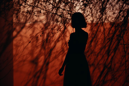 silhouette of a woman standing in front of a treeの素材