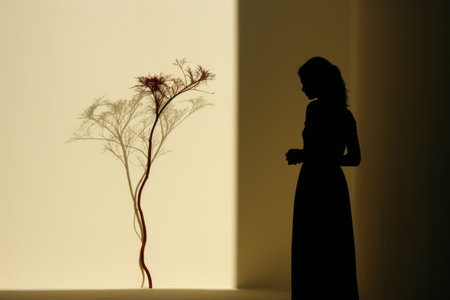 silhouette of a woman standing in front of a plantの素材