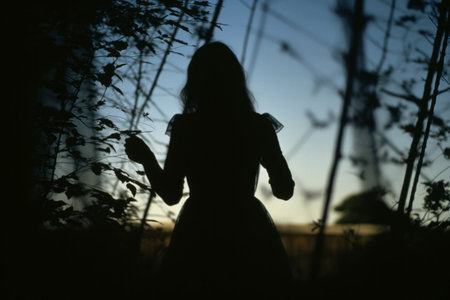 silhouette of a woman walking through the woods at duskの素材