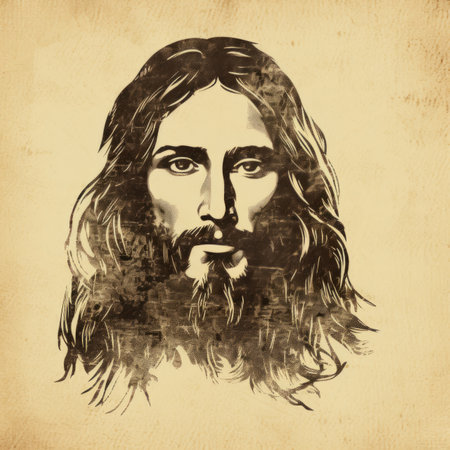 a drawing of jesus with long hair and beardの素材