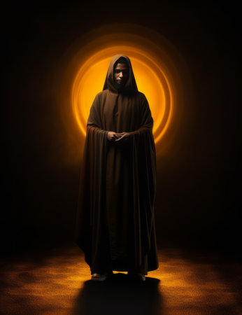 a man in a robe standing in front of an orange lightの素材