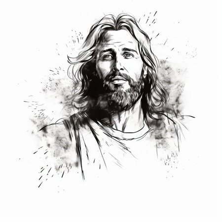 a drawing of jesus with long hair and beardの素材