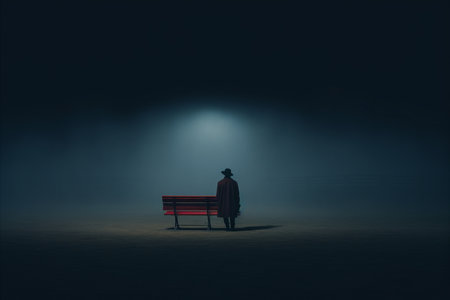 a man is sitting on a bench in the fogの素材