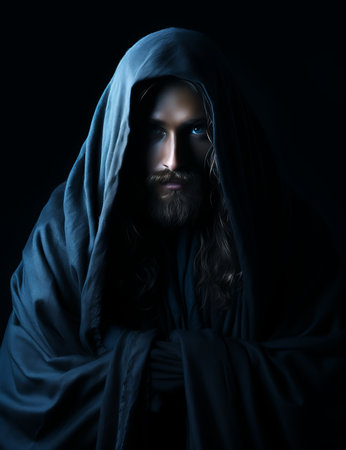 a man in a robe with long hair and blue eyesの素材