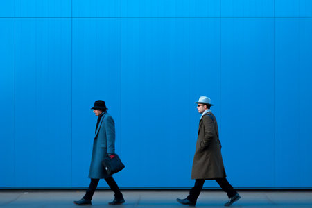 two men walking in front of a blue wallの素材