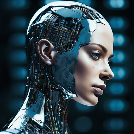 the face of a woman in a futuristic robot suitの素材