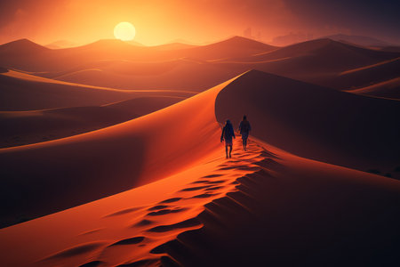 two people walking in the desert at sunsetの素材