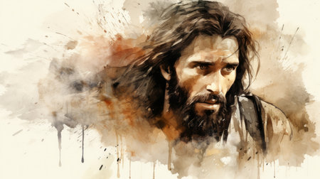 a painting of a man with long hair and beardの素材