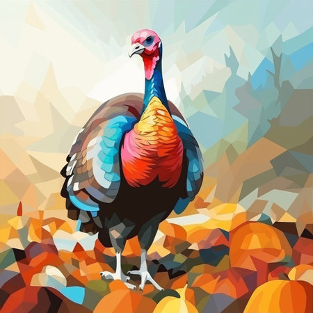 a painting of a turkey standing in front of a bunch of pumpkinsの素材