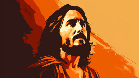 a painting of jesus on an orange backgroundの素材
