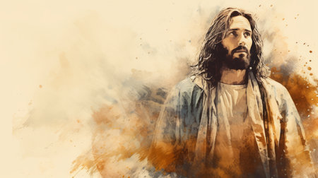 a painting of jesus standing in front of a watercolor backgroundの素材