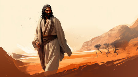 a painting of jesus walking in the desertの素材
