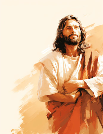 a painting of jesus with his arms crossedの素材