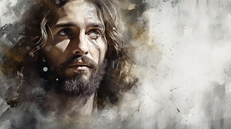 a painting of jesus with long hair and beardの素材