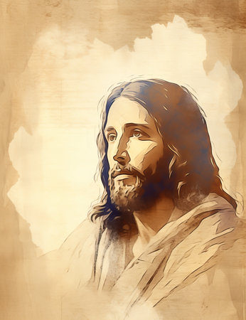 a painting of jesus with long hair and beardの素材