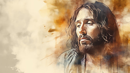 a painting of jesus with long hair and beardの素材