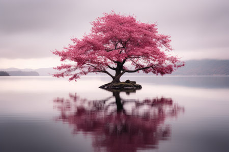 a pink tree is standing on a small island in the middle of a lakeの素材