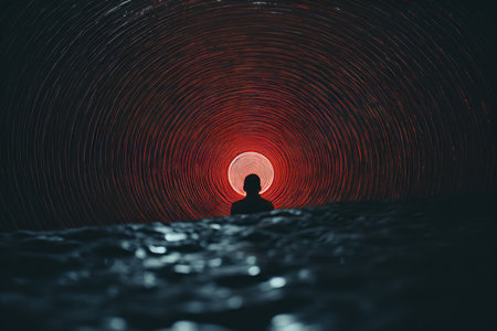 a person sitting in front of a red light in a dark tunnelの素材