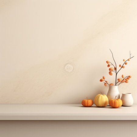 a table with a vase of pumpkins and berries on itの素材