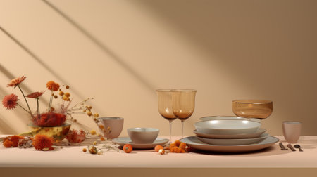 a table setting with orange flowers and a vase of flowersの素材