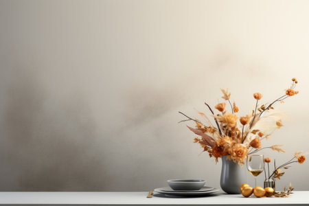 a table with a vase of flowers and a plate of foodの素材