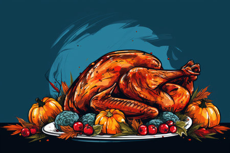 a thanksgiving turkey on a plate with pumpkins and berriesの素材