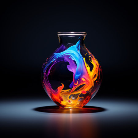 a vase filled with colorful liquid on a dark backgroundの素材