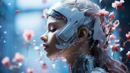 a woman with a robot head and flowers in her hairの素材