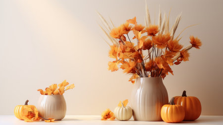 a vase with pumpkins and flowers on a tableの素材