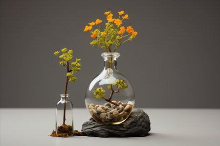 a vase with flowers and rocks sitting on top of a rockの素材