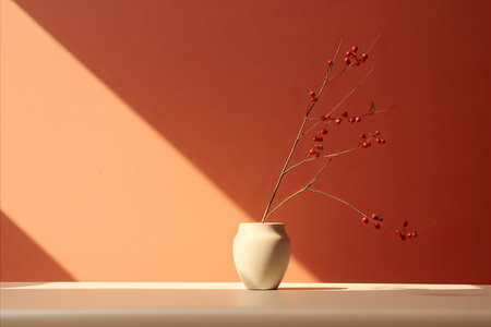 a white vase with a branch of red berries in itの素材