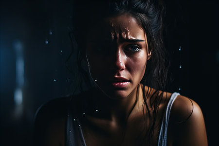 a woman with wet hair looking sad in the darkの素材