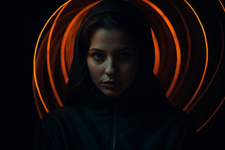 a woman in a black hoodie with orange rings around her faceの素材