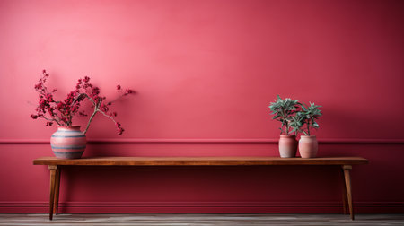 a wooden bench and two vases with flowers on it in front of a red wallの素材