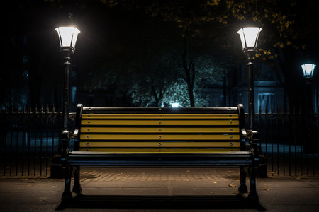 a yellow and black bench sitting under a street light at nightの素材