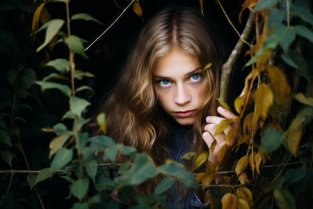 a young woman with blue eyes hiding behind leavesの素材
