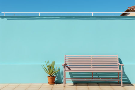 a wooden bench against a blue wall with a potted plantの素材