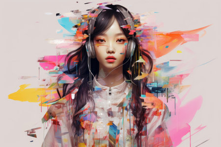 an artistic painting of a girl with headphones on her headの素材