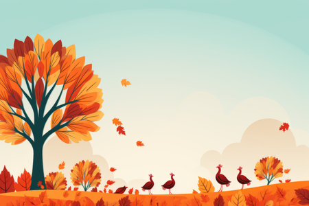 an autumn background with turkeys and treesの素材